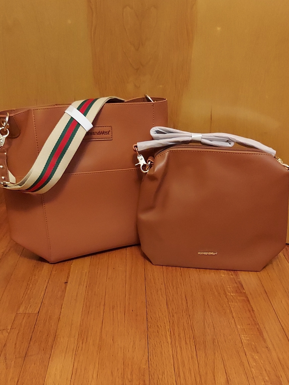 Montana West Saddle Tote with Matching Pouch and Striped Strap